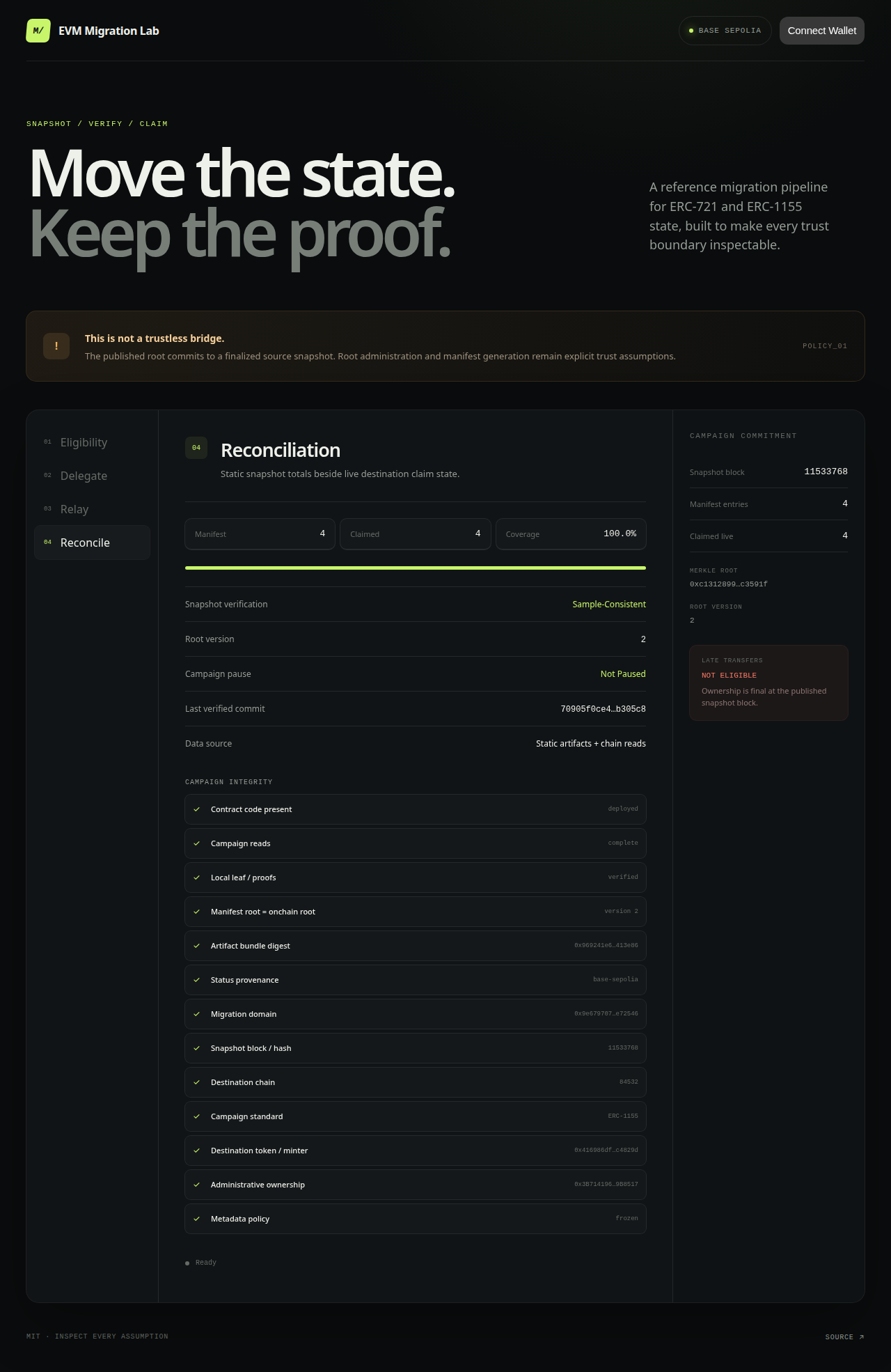 EVM Migration Lab reconciliation view showing the verified Base Sepolia campaign