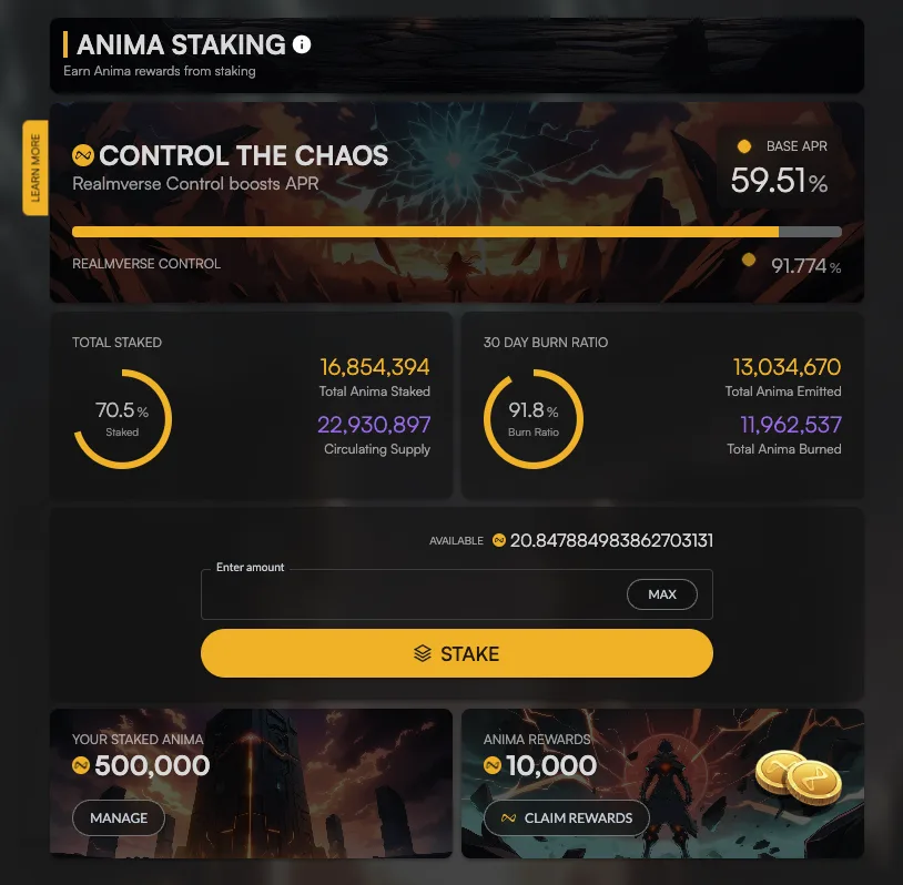Realm ANIMA staking and rewards interface