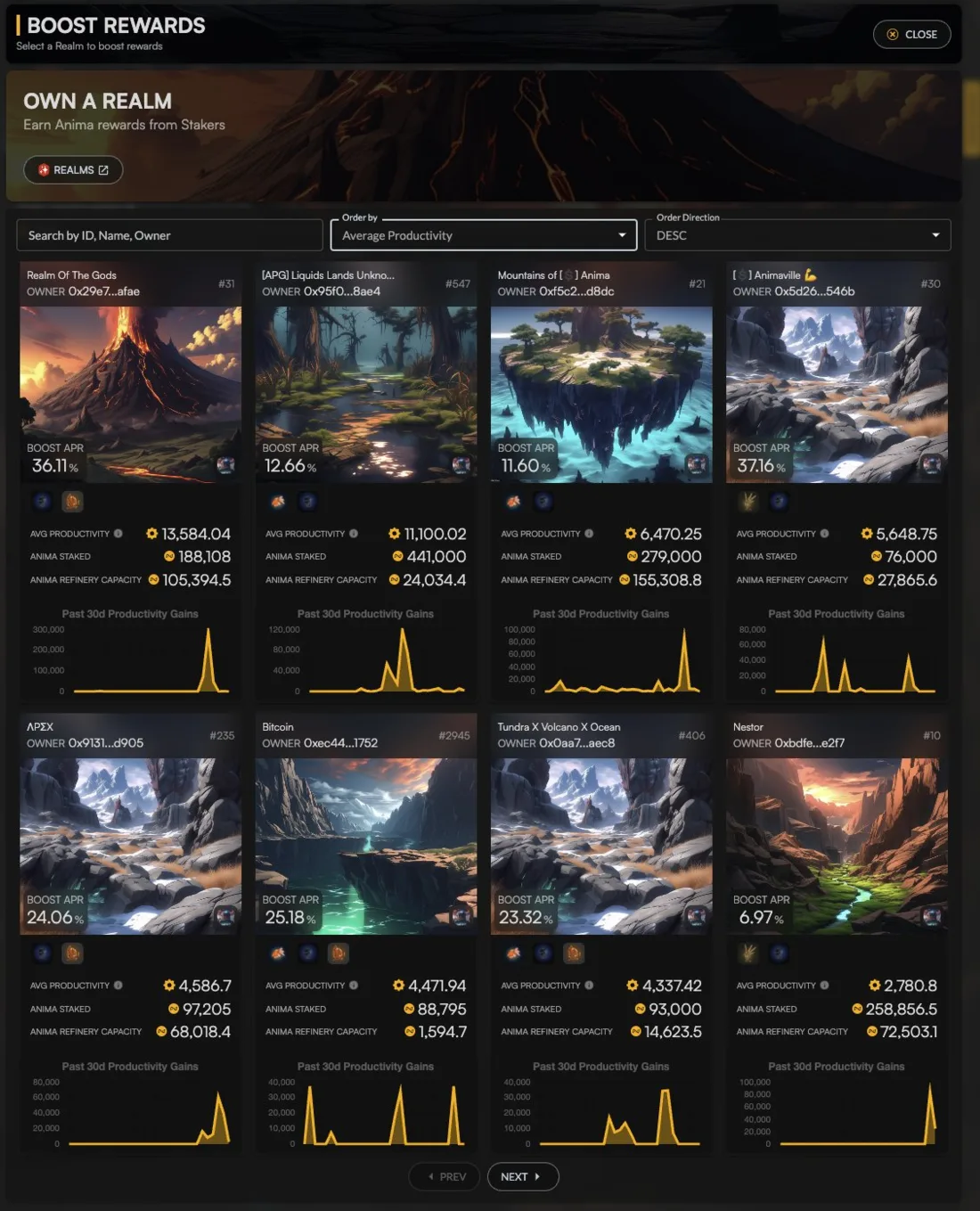 Realm boost rewards browser with productivity and ANIMA staking data